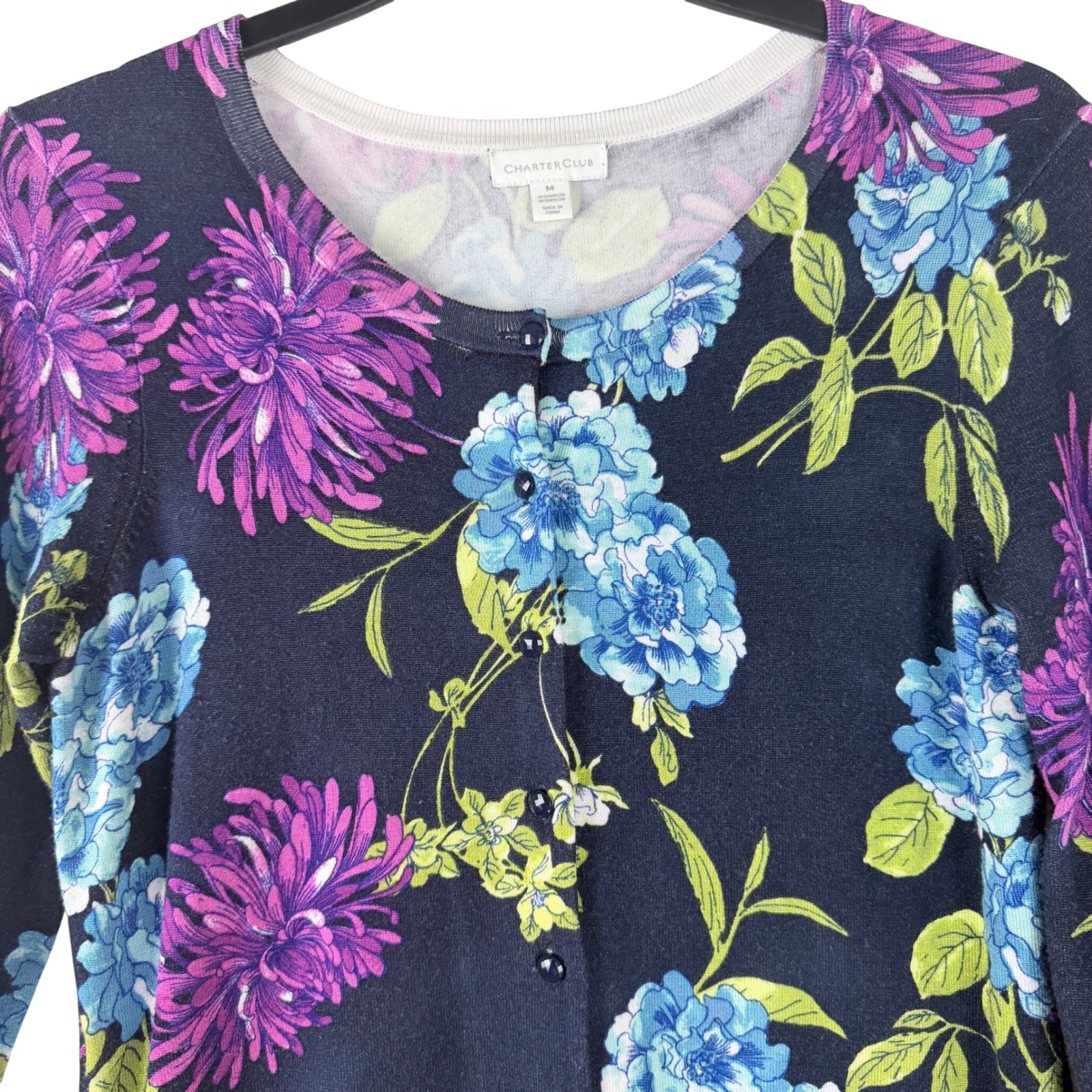 Charter Club Cardigan Rayon Womensx M Navy Blue Floral Button Front Long Sleeve
